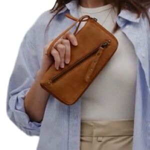 Free People Tan Pebbled Leather Wallet with Diagonal Zipper